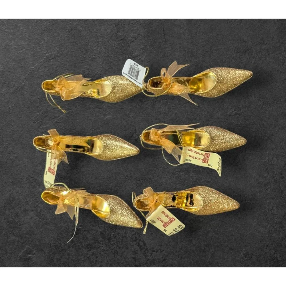 Christmas Gold‎ tone Glitter Pump shoe Ornaments - Pack Of 6 High Heel Décor